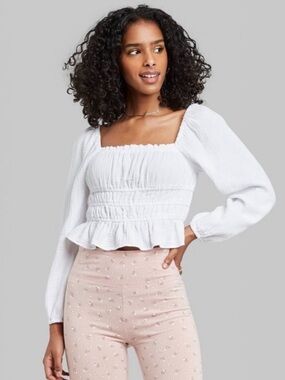 Wild Fable White Square-Neck Smocked Waist Blouse
